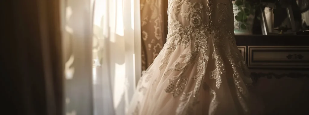 a stunning bridal gown, intricately tailored and adorned with personalised embellishments, stands elegantly in the soft, diffused light of a chic bridal boutique, capturing the essence of individuality and the joyful anticipation of a huddersfield bride's special day. a Stunning Bridal Gown, Intricately Tailored and Adorned with Personalised Embellishments, Stands Elegantly in the Soft, Diffused Light of a Chic Bridal Boutique, Capturing the Essence of Individuality and the Joyful Anticipation of a Huddersfield Bride's Special Day. - Perfect Daze Bridal - Perfect Daze Bridal