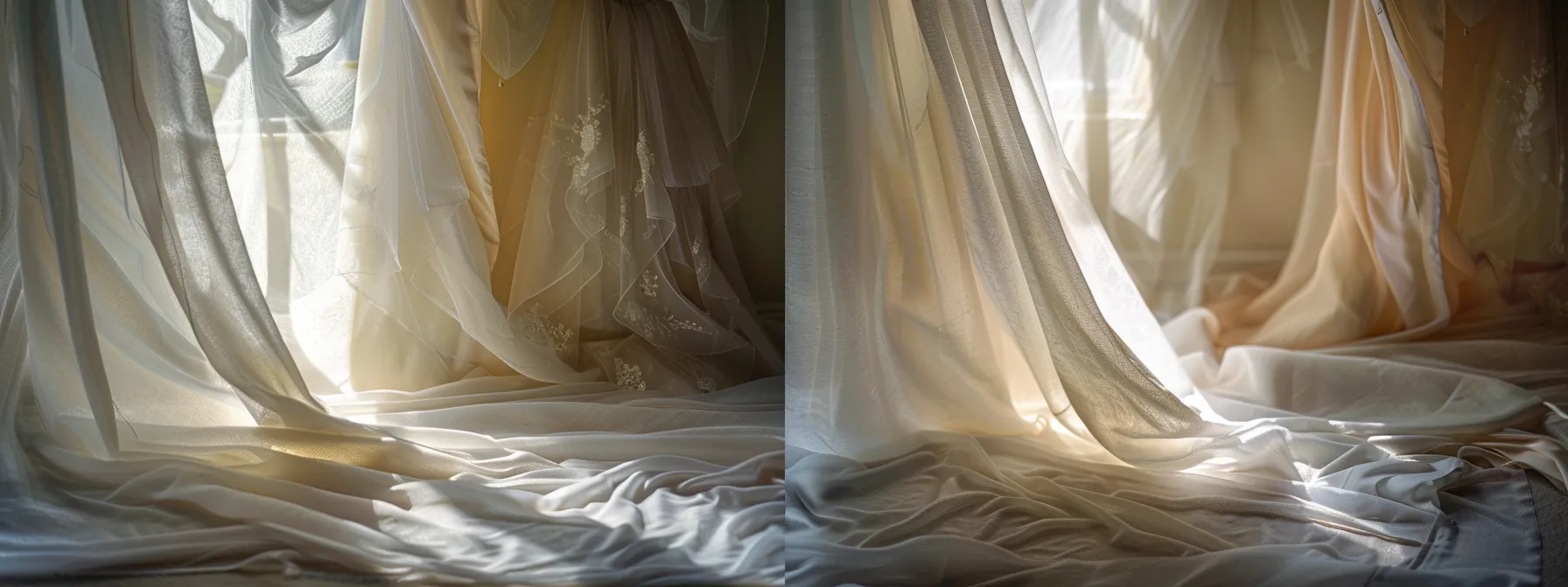 a Stunning Display of Elegant Bridal Gowns, Showcasing a Juxtaposition of Exquisite Luxury Fabrics and Chic, Affordable Designs, Set Against the Charming Backdrop of Perfect Daze Bridal Boutique in Huddersfield, Bathed in Soft, Romantic Lighting. - Perfect Daze Bridal