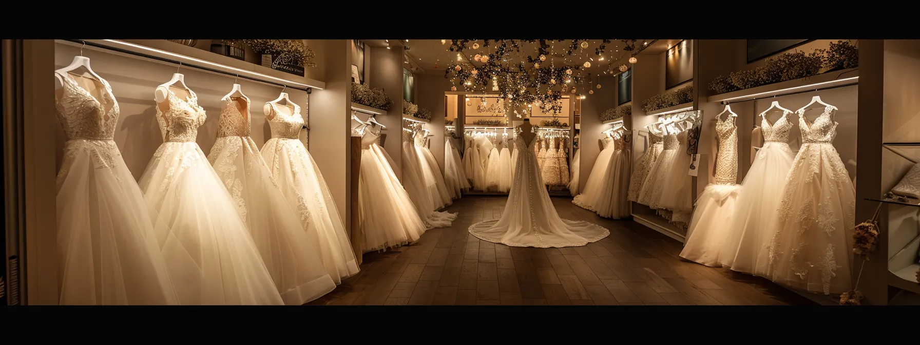 a Stunning Display of Elegant Bridal Gowns in a Warm, Inviting Boutique Setting, Adorned with Soft Lighting and Delicate Decor, Showcasing the Perfect Blend of Affordability and Luxury for Brides in Huddersfield. - Perfect Daze Bridal