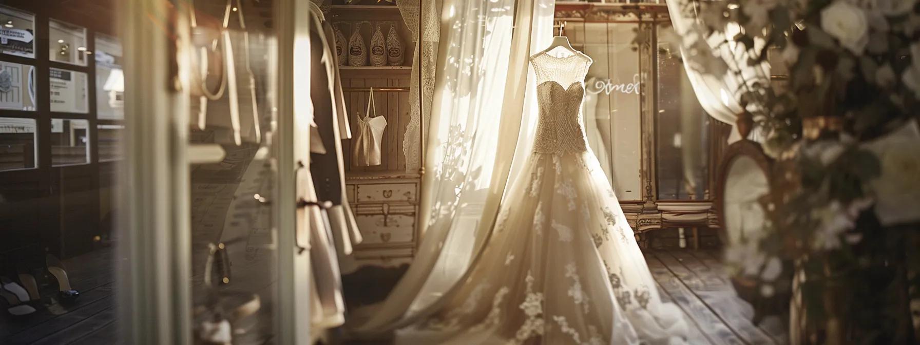 a Sumptuous Wedding Dress Elegantly Displayed in a Quaint Yorkshire Boutique, Illuminated by Soft, Natural Light Filtering Through Vintage Lace Curtains, Evokes the Allure and Hidden Complexities of Bridal Shopping. - Perfect Daze Bridal
