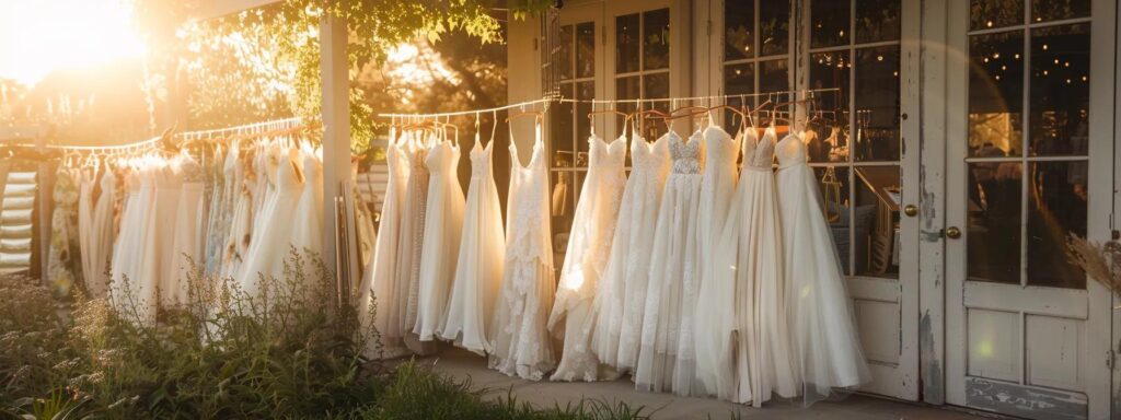 a sun-drenched outdoor boutique showcases an array of flowing, ethereal bohemian wedding dresses fluttering gently in the breeze, inviting brides to find their dream gown. a Sun-drenched Outdoor Boutique Showcases an Array of Flowing, Ethereal Bohemian Wedding Dresses Fluttering Gently in the Breeze, Inviting Brides to Find Their Dream Gown. - Perfect Daze Bridal - Perfect Daze Bridal