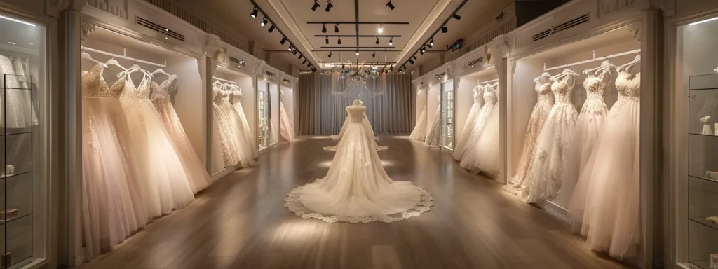 an elegant bridal boutique showcases a stunning array of exquisite gowns, illuminated by soft, diffused lighting that highlights their intricate lace details and flowing silhouettes, creating an enchanting and inviting atmosphere for brides-to-be. an Elegant Bridal Boutique Showcases a Stunning Array of Exquisite Gowns, Illuminated by Soft, Diffused Lighting That Highlights Their Intricate Lace Details and Flowing Silhouettes, Creating an Enchanting and Inviting Atmosphere for Brides-to-be. - Perfect Daze Bridal - Perfect Daze Bridal