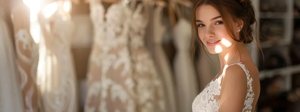 an elegant bride is gracefully showcasing a stunning lace bridal gown in a charming huddersfield boutique, surrounded by soft natural light that highlights the intricate details and the inviting atmosphere of the local community. an Elegant Bride is Gracefully Showcasing a Stunning Lace Bridal Gown in a Charming Huddersfield Boutique, Surrounded by Soft Natural Light That Highlights the Intricate Details and the Inviting Atmosphere of the Local Community. - Perfect Daze Bridal - Perfect Daze Bridal