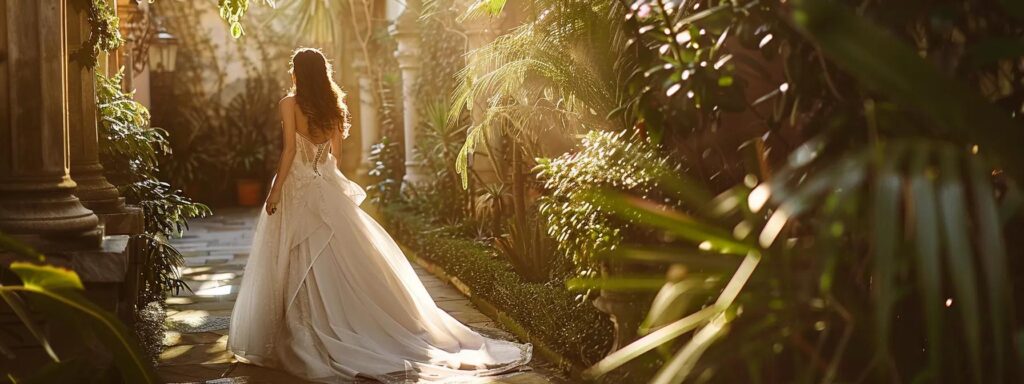 an elegant bride stands amidst a sunlit garden, her flowing gown accentuated by a richly textured silk sash that beautifully ties together the theme of her romantic wedding. an Elegant Bride Stands Amidst a Sunlit Garden, Her Flowing Gown Accentuated by a Richly Textured Silk Sash That Beautifully Ties Together the Theme of Her Romantic Wedding. - Perfect Daze Bridal - Perfect Daze Bridal