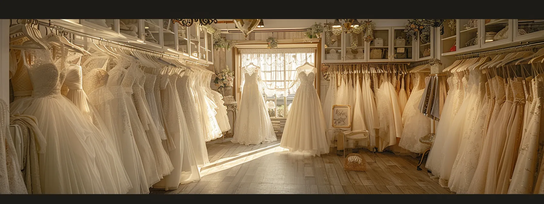 an Elegantly Adorned Bridal Boutique, Filled with Exquisite, Flowing Wedding Gowns Suspended on Vintage Hangers, Bathed in Soft, Warm Lighting That Enhances the Dreamy Atmosphere. - Perfect Daze Bridal