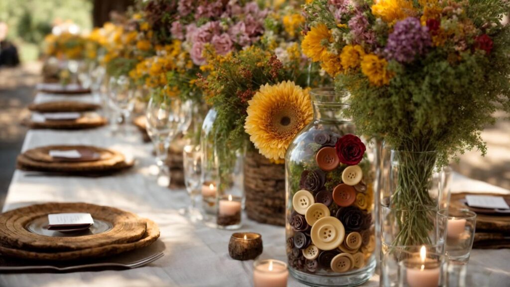 a Beautifully Adorned Rustic Table, Draped in Earthy Linens, Showcases Whimsical Centerpieces Made of Vibrant Buttons and Recycled Elements, Creating an Inviting Atmosphere for a Charming Diy Wedding Celebration. - Perfect Daze Bridal - Perfect Daze Bridal