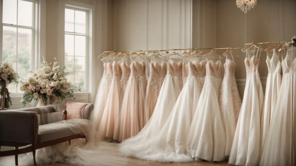 a beautifully arranged bridal boutique showcases an array of exquisite wedding dresses in soft, elegant lighting, capturing the joy and excitement of brides receiving personalised assistance while selecting their dream gowns. a Beautifully Arranged Bridal Boutique Showcases an Array of Exquisite Wedding Dresses in Soft, Elegant Lighting, Capturing the Joy and Excitement of Brides Receiving Personalised Assistance While Selecting Their Dream Gowns. - Perfect Daze Bridal - Perfect Daze Bridal