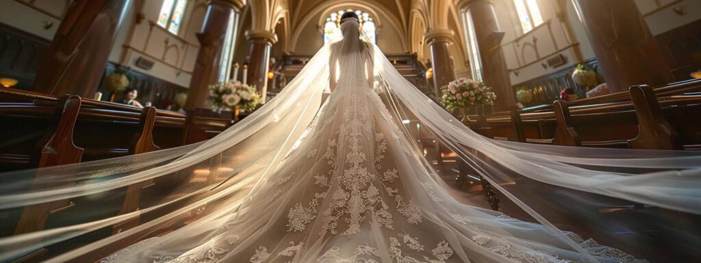 a breathtaking bride gracefully glides down the aisle in a flowing cathedral veil adorned with delicate embroidery, radiating elegance and romance. a Breathtaking Bride Gracefully Glides Down the Aisle in a Flowing Cathedral Veil Adorned with Delicate Embroidery, Radiating Elegance and Romance. - Perfect Daze Bridal - Perfect Daze Bridal