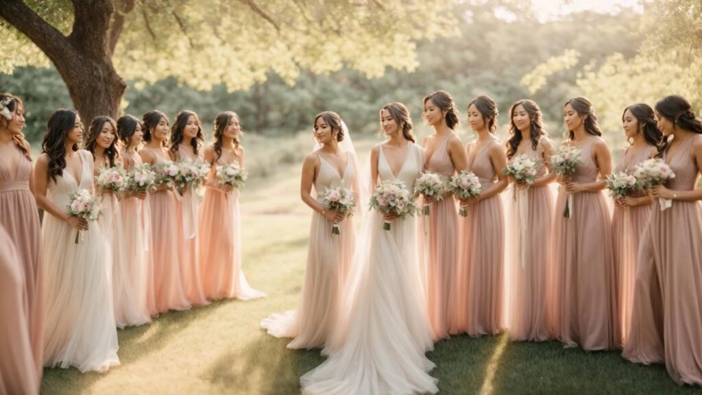 a breathtaking lineup of modern bridesmaid dresses, showcasing unique necklines and delicate ruffles in a harmonious palette that enhances the elegance of a sunlit wedding aisle. a Breathtaking Lineup of Modern Bridesmaid Dresses, Showcasing Unique Necklines and Delicate Ruffles in a Harmonious Palette That Enhances the Elegance of a Sunlit Wedding Aisle. - Perfect Daze Bridal - Perfect Daze Bridal