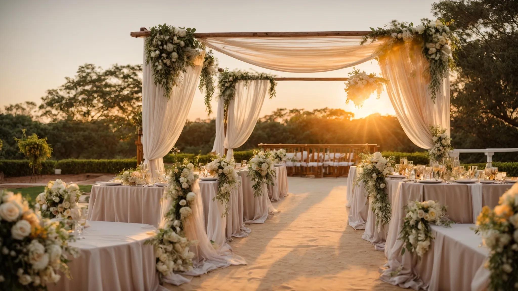 a Breathtaking Outdoor Wedding Venue Adorned with Lush Greenery and Elegant, Flowing White Drapes Under a Soft Golden Sunset. - Perfect Daze Bridal