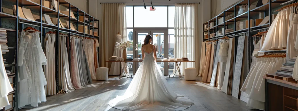 a bride standing in a luxurious, modern bridal atelier, surrounded by swatches of exquisite fabrics and sketches of personalized gown designs. a Bride Standing in a Luxurious, Modern Bridal Atelier, Surrounded by Swatches of Exquisite Fabrics and Sketches of Personalized Gown Designs. - Perfect Daze Bridal - Perfect Daze Bridal