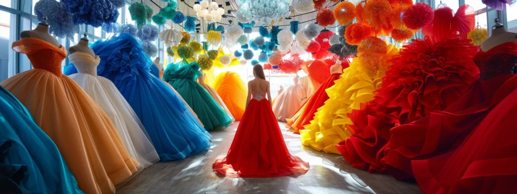 a bride stands among a sea of vibrant, bold-colored wedding dresses in a futuristic bridal salon, showcasing the revolutionary shift in bridal couture towards colorful gowns in 2025. a Bride Stands Among a Sea of Vibrant, Bold-colored Wedding Dresses in a Futuristic Bridal Salon, Showcasing the Revolutionary Shift in Bridal Couture Towards Colorful Gowns in 2025. - Perfect Daze Bridal - Perfect Daze Bridal