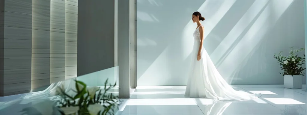a bride stands in a sleek, minimalist wedding dress in a modern, sophisticated setting. a Bride Stands in a Sleek, Minimalist Wedding Dress in a Modern, Sophisticated Setting. - Perfect Daze Bridal - Perfect Daze Bridal