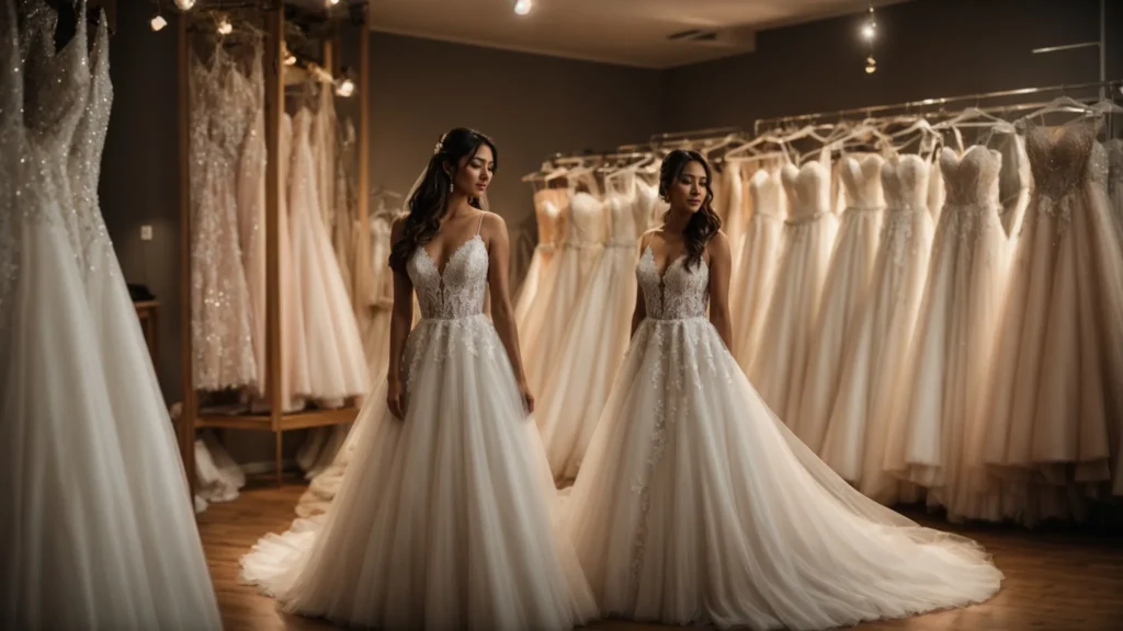a bride surrounded by elegant wedding dresses in a beautifully lit huddersfield bridal boutique, showcasing the enchanting ambience and unique character of local shops. a Bride Surrounded by Elegant Wedding Dresses in a Beautifully Lit Huddersfield Bridal Boutique, Showcasing the Enchanting Ambience and Unique Character of Local Shops. - Perfect Daze Bridal