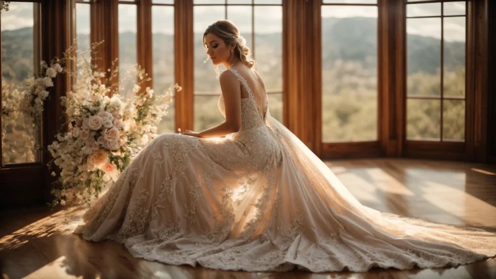 a captivating scene of a radiant bride in a luxurious, flowing wedding gown adorned with intricate lace detailing, set against the elegant backdrop of perfect daze bridal boutique, bathed in soft, diffused sunlight to accentuate the gown's delicate textures. a Captivating Scene of a Radiant Bride in a Luxurious, Flowing Wedding Gown Adorned with Intricate Lace Detailing, Set Against the Elegant Backdrop of Perfect Daze Bridal Boutique, Bathed in Soft, Diffused Sunlight to Accentuate the Gown's Delicate Textures. - Perfect Daze Bridal - Perfect Daze Bridal