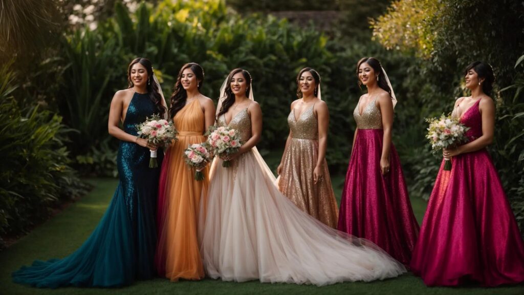a group of elegantly dressed bridesmaids in vibrant, flowing gowns adorned with sequins stands amidst a lush garden, exuding joy and sophistication as they celebrate the bride’s unique style. a Group of Elegantly Dressed Bridesmaids in Vibrant, Flowing Gowns Adorned with Sequins Stands Amidst a Lush Garden, Exuding Joy and Sophistication As They Celebrate the Bride’s Unique Style. - Perfect Daze Bridal - Perfect Daze Bridal