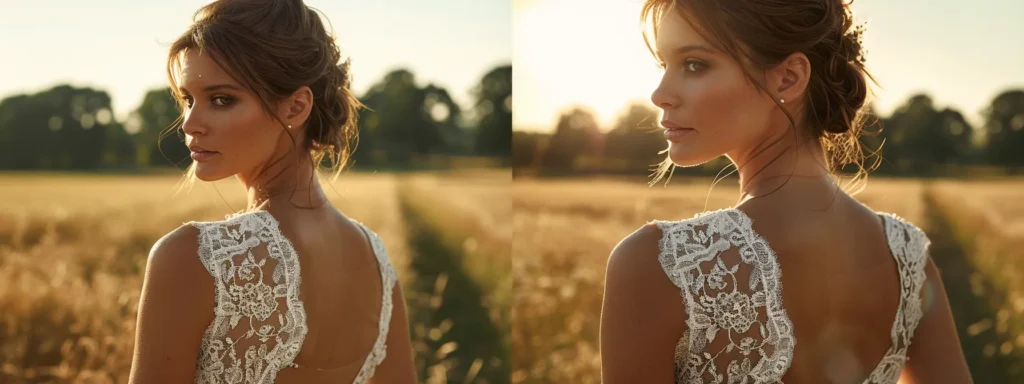 a modern bride standing in a field, wearing a stunning vintage-inspired lace wedding dress with intricate detailing, showcasing the timeless elegance of the past. a Modern Bride Standing in a Field, Wearing a Stunning Vintage-inspired Lace Wedding Dress with Intricate Detailing, Showcasing the Timeless Elegance of the Past. - Perfect Daze Bridal - Perfect Daze Bridal