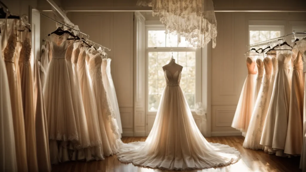 a radiant bridal boutique interior showcases a stunning array of elegant wedding dresses elegantly draped on delicate hangers, reflecting soft golden light that enhances the dreamy atmosphere of a bride's gown selection journey. a Radiant Bridal Boutique Interior Showcases a Stunning Array of Elegant Wedding Dresses Elegantly Draped on Delicate Hangers, Reflecting Soft Golden Light That Enhances the Dreamy Atmosphere of a Bride's Gown Selection Journey. - Perfect Daze Bridal - Perfect Daze Bridal