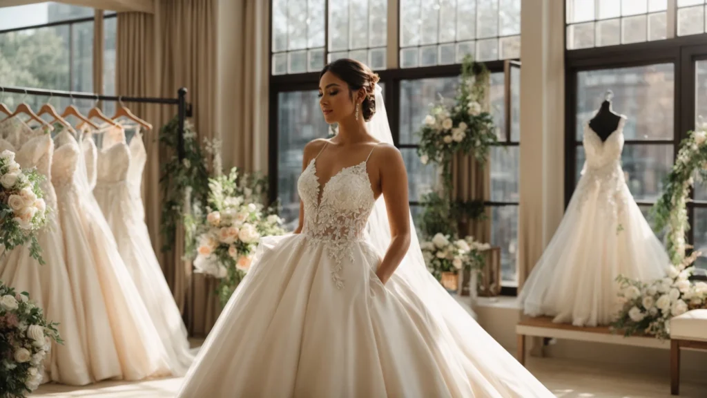 a radiant bridal boutique showcases an array of elegantly affordable wedding gowns, illuminated by warm natural light filtering through large windows, reflecting the joy and satisfaction of local brides eager to share their enchanting experiences. a Radiant Bridal Boutique Showcases an Array of Elegantly Affordable Wedding Gowns, Illuminated by Warm Natural Light Filtering Through Large Windows, Reflecting the Joy and Satisfaction of Local Brides Eager to Share Their Enchanting Experiences. - Perfect Daze Bridal - Perfect Daze Bridal