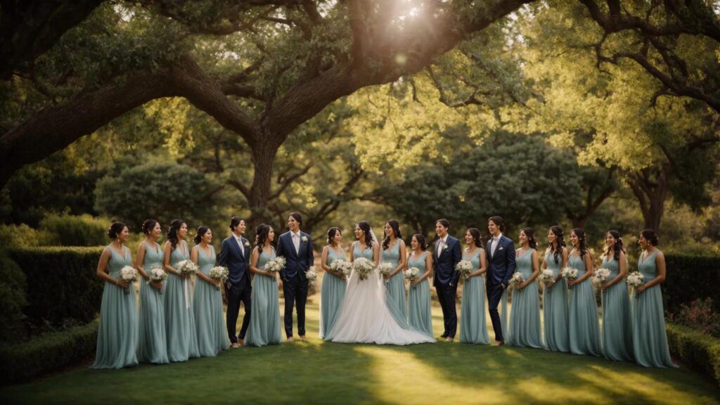 a radiant bridal party stands together in a picturesque garden, adorned in a harmonious palette of elegant dresses that perfectly complement the wedding's enchanting theme. a Radiant Bridal Party Stands Together in a Picturesque Garden, Adorned in a Harmonious Palette of Elegant Dresses That Perfectly Complement the Wedding's Enchanting Theme. - Perfect Daze Bridal - Perfect Daze Bridal