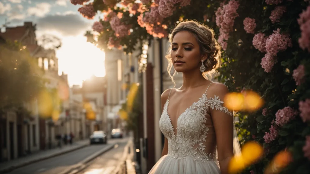 a radiant bride, adorned in a stunning wedding gown from perfect daze bridal boutique, stands gracefully in a sunlit huddersfield street, surrounded by blooms that embody the vibrant local bridal culture. a Radiant Bride, Adorned in a Stunning Wedding Gown from Perfect Daze Bridal Boutique, Stands Gracefully in a Sunlit Huddersfield Street, Surrounded by Blooms That Embody the Vibrant Local Bridal Culture. - Perfect Daze Bridal - Perfect Daze Bridal