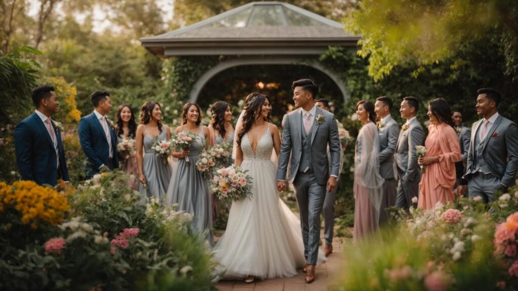 a Radiant Bride in a Flowing Non-traditional Cotton Dress Stands Beside a Groom in a Sleek Grey Suit Paired with a Trendy Jean Jacket, Surrounded by a Colorful Bridal Party in Diverse, Stylish Attire Amidst a Lush, Vibrant Garden. - Perfect Daze Bridal - Perfect Daze Bridal