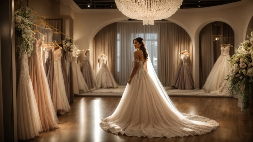 a radiant bride in a stunning gown stands gracefully amidst the elegant displays of perfect daze bridal boutique, surrounded by soft, ambient lighting that highlights the exquisite details of exclusive designer collections and the boutique's inviting atmosphere. a Radiant Bride in a Stunning Gown Stands Gracefully Amidst the Elegant Displays of Perfect Daze Bridal Boutique, Surrounded by Soft, Ambient Lighting That Highlights the Exquisite Details of Exclusive Designer Collections and the Boutique's Inviting Atmosphere. - Perfect Daze Bridal