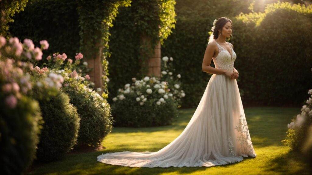 a Radiant Bride Stands Confidently in a Sunlit Garden, Her Stunning Gown Flowing Gracefully As She Admires Her Transformation, Embodying Joy and Empowerment on Her Special Day. - Perfect Daze Bridal - Perfect Daze Bridal