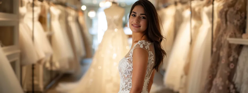 a radiant bride stands elegantly in a beautifully illuminated bridal boutique, showcasing a stunning customised gown embellished with intricate lace and delicate floral appliqués, reflecting her unique style and personality. a Radiant Bride Stands Elegantly in a Beautifully Illuminated Bridal Boutique, Showcasing a Stunning Customised Gown Embellished with Intricate Lace and Delicate Floral Appliqués, Reflecting Her Unique Style and Personality. - Perfect Daze Bridal - Perfect Daze Bridal