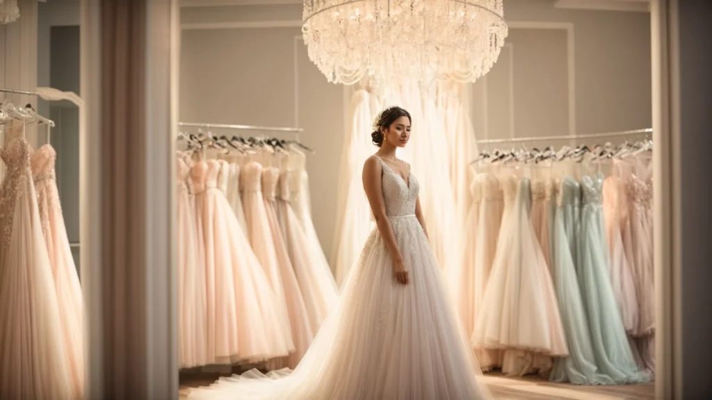 a radiant bride stands elegantly in the ambient light of a beautifully decorated bridal boutique, surrounded by a stunning array of gowns that accentuate her figure, with soft pastel hues creating a dreamy and inviting atmosphere. a Radiant Bride Stands Elegantly in the Ambient Light of a Beautifully Decorated Bridal Boutique, Surrounded by a Stunning Array of Gowns That Accentuate Her Figure, with Soft Pastel Hues Creating a Dreamy and Inviting Atmosphere. - Perfect Daze Bridal - Perfect Daze Bridal