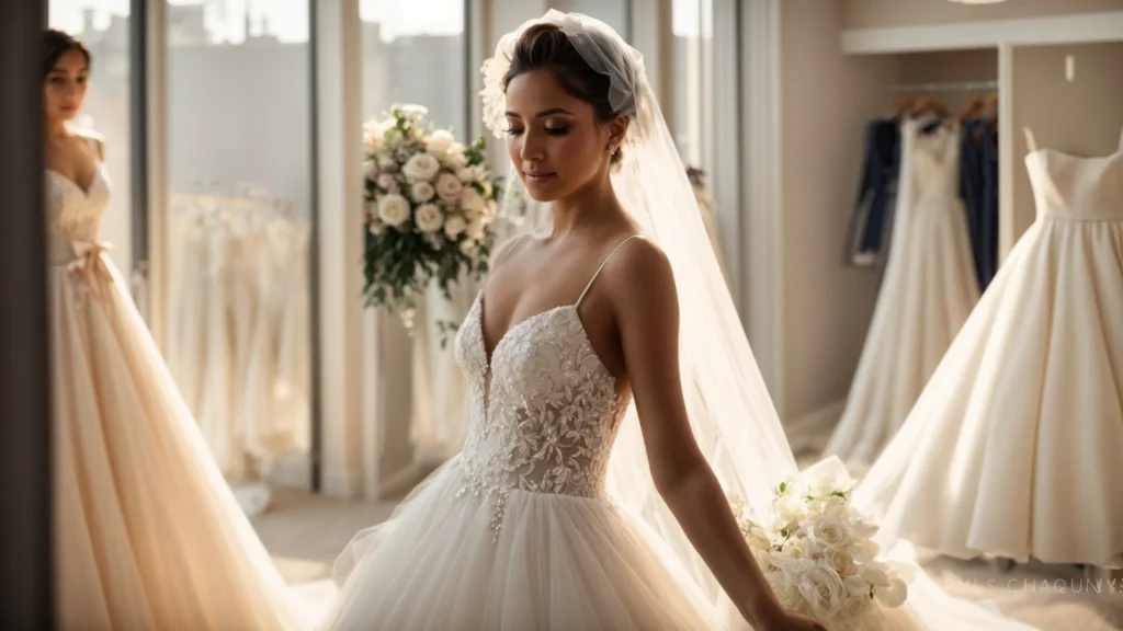 a radiant bride stands gracefully in a sunlit boutique adorned with elegant bridal gowns, showcasing the charm and variety of styles available in huddersfield's wedding dress shopping experience. a Radiant Bride Stands Gracefully in a Sunlit Boutique Adorned with Elegant Bridal Gowns, Showcasing the Charm and Variety of Styles Available in Huddersfield's Wedding Dress Shopping Experience. - Perfect Daze Bridal - Perfect Daze Bridal