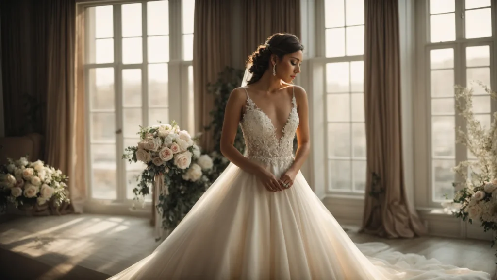 a radiant bride stands in an elegantly adorned bridal boutique in huddersfield, surrounded by a delicate array of wedding gowns, with soft natural light streaming through large windows, creating an atmosphere of warmth and cherished anticipation. a Radiant Bride Stands in an Elegantly Adorned Bridal Boutique in Huddersfield, Surrounded by a Delicate Array of Wedding Gowns, with Soft Natural Light Streaming Through Large Windows, Creating an Atmosphere of Warmth and Cherished Anticipation. - Perfect Daze Bridal