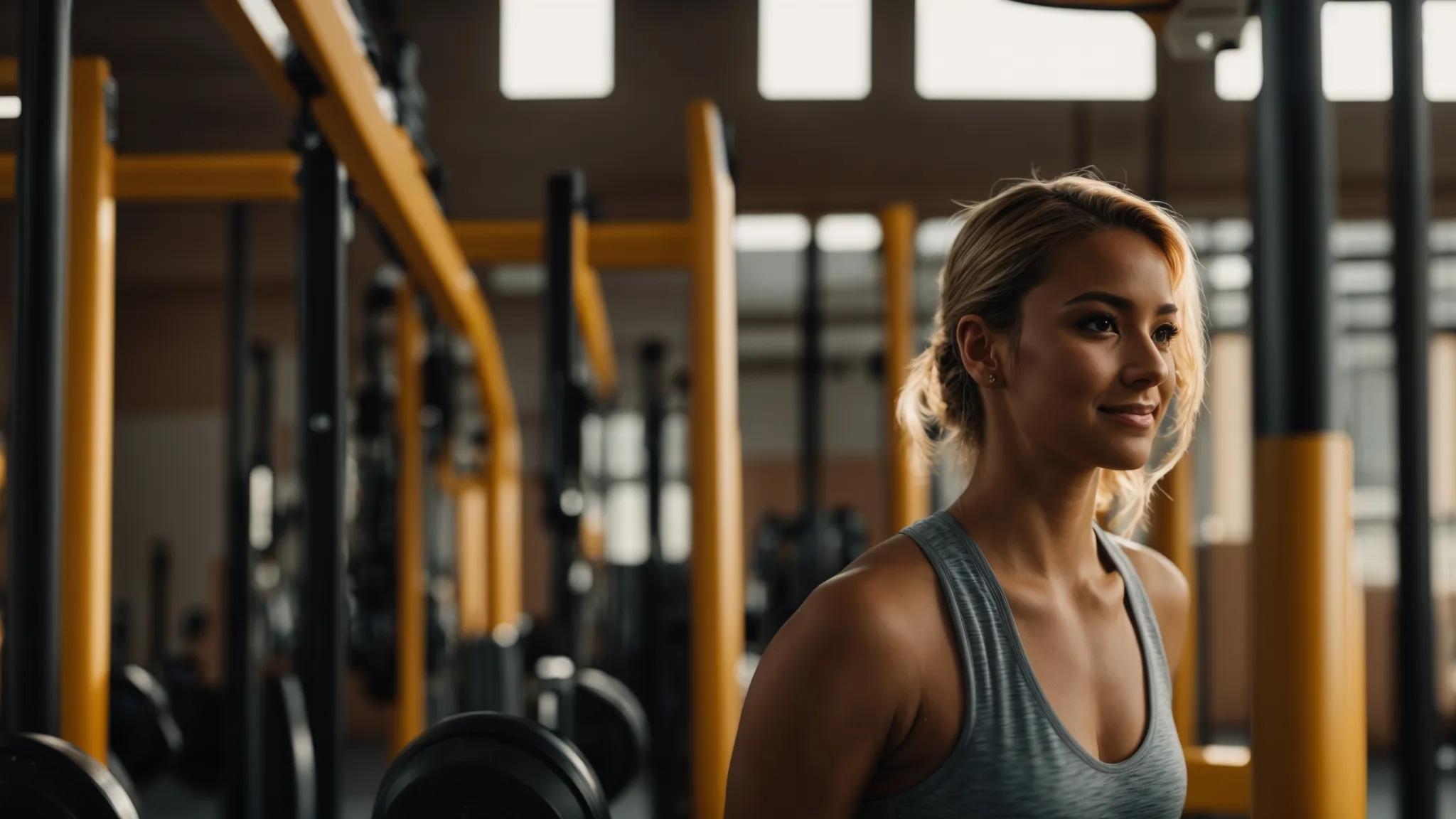 a Radiant Bride-to-be Gracefully Sweats in a Sunlit Gym, Surrounded by Vibrant Workout Equipment, Embodying Determination and Joy As She Prepares for Her Special Day. - Perfect Daze Bridal