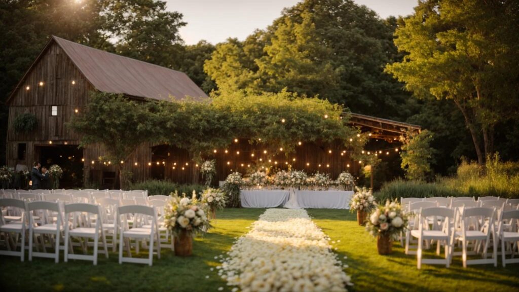 a Rustic, Sun-drenched Barn Adorned with Twinkling Fairy Lights Serves As a Charming Backdrop for an Intimate Outdoor Wedding Ceremony, Surrounded by Lush Greenery and Vibrant Blooms. - Perfect Daze Bridal - Perfect Daze Bridal