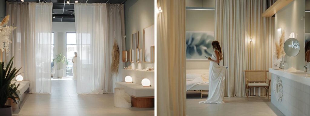 a serene bridal boutique adorned with elegant gowns, where a radiant bride enthusiastically shares her wedding vision with a welcoming staff member amidst soft, ambient lighting. a Serene Bridal Boutique Adorned with Elegant Gowns, Where a Radiant Bride Enthusiastically Shares Her Wedding Vision with a Welcoming Staff Member Amidst Soft, Ambient Lighting. - Perfect Daze Bridal - Perfect Daze Bridal