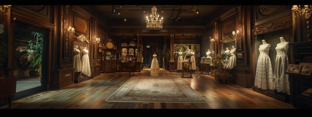 a serene bridal boutique filled with delicate lace gowns glows warmly under soft lighting, inviting brides to take their time amidst the elegant displays. a Serene Bridal Boutique Filled with Delicate Lace Gowns Glows Warmly Under Soft Lighting, Inviting Brides to Take Their Time Amidst the Elegant Displays. - Perfect Daze Bridal - Perfect Daze Bridal