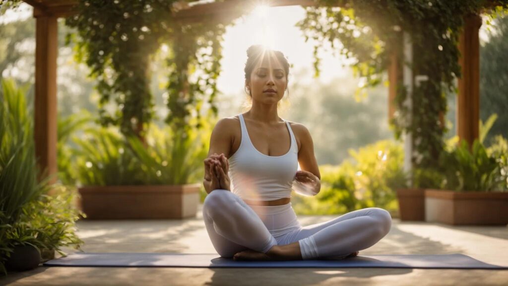 a Serene Bride-to-be Gracefully Practices Yoga in a Sunlit, Tranquil Garden, Embodying Balance and Tranquility on Her Fitness Journey. - Perfect Daze Bridal - Perfect Daze Bridal