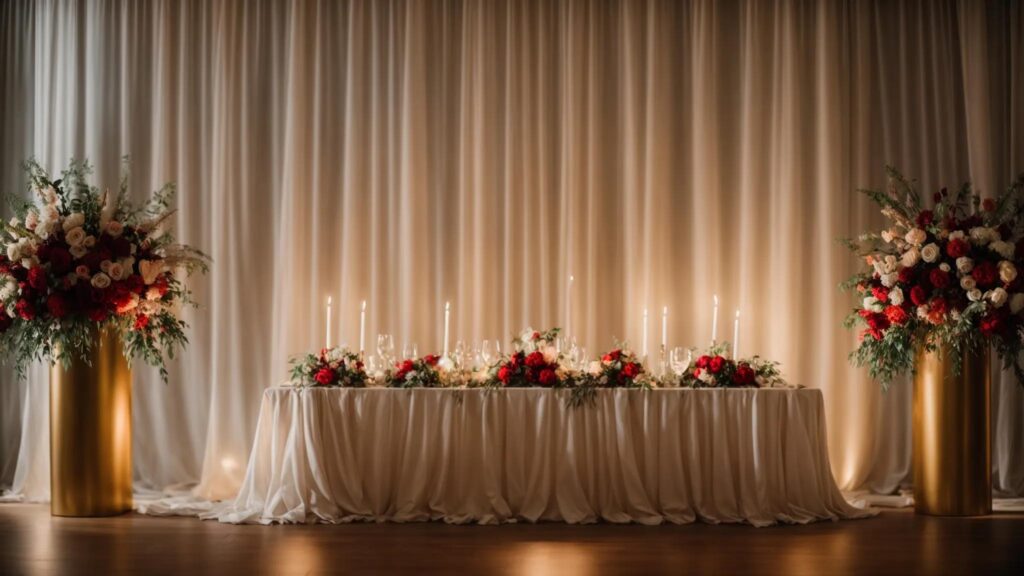 a Sleek, Minimalist Wedding Table Adorned with a Flowing Satin Table Skirt and Vibrant, Bold Floral Arrangements, Illuminated by Warm, Creative Lighting That Captures the Essence of Modern Elegance. - Perfect Daze Bridal - Perfect Daze Bridal
