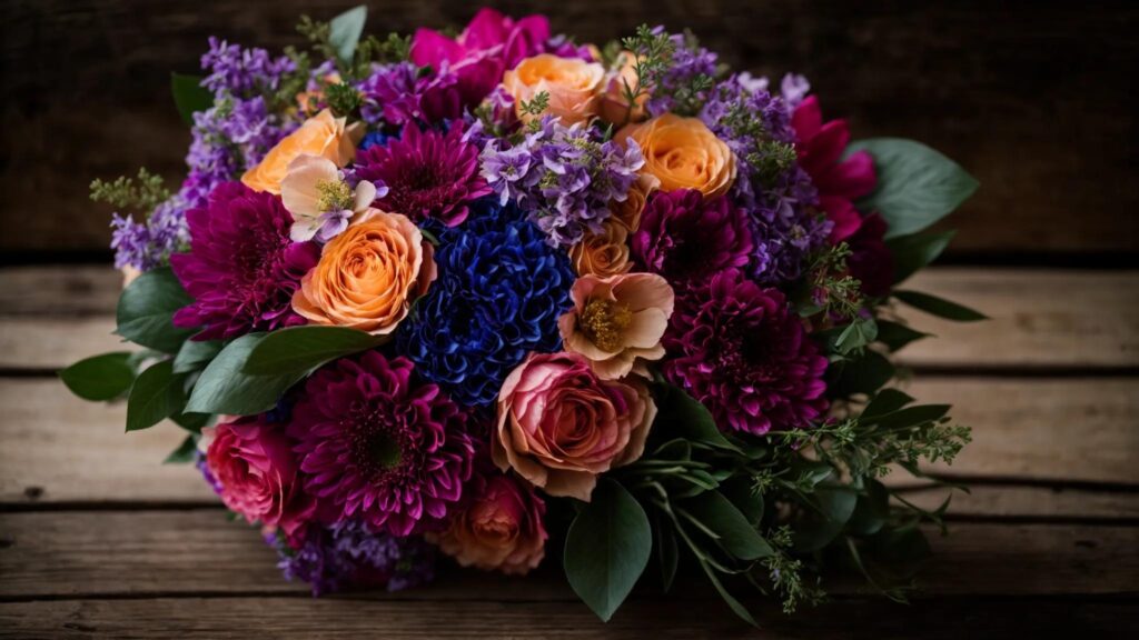 a Stunning Bridal Bouquet Bursts with a Vibrant Array of Bold Jewel Tones, Surrounded by Delicate Pastel Blooms, Set Against a Rustic Wooden Backdrop. - Perfect Daze Bridal - Perfect Daze Bridal