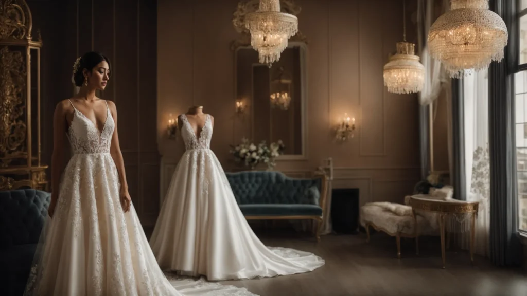 a stunning bridal boutique in huddersfield features an elegant display of budget-friendly wedding gowns, illuminated by soft, warm lighting, showcasing the intricate lace and flowing fabrics that embody modern romance. a Stunning Bridal Boutique in Huddersfield Features an Elegant Display of Budget-friendly Wedding Gowns, Illuminated by Soft, Warm Lighting, Showcasing the Intricate Lace and Flowing Fabrics That Embody Modern Romance. - Perfect Daze Bridal - Perfect Daze Bridal