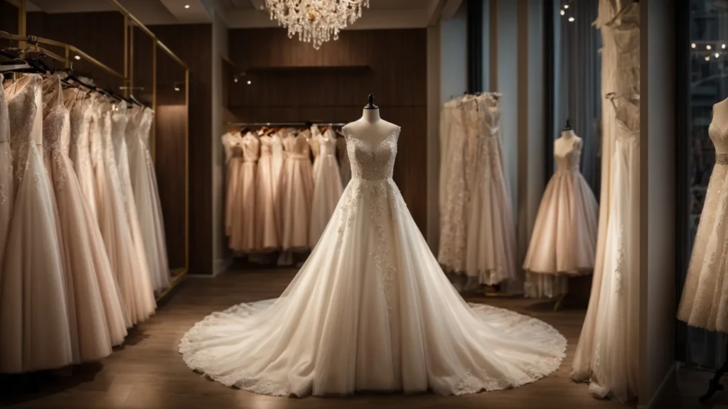 a stunning bridal gown display in a cosy boutique, showcasing luxurious fabrics and delicate lace details, illuminated by soft, warm lighting to evoke an enchanting shopping experience for brides in search of their dream dress. a Stunning Bridal Gown Display in a Cosy Boutique, Showcasing Luxurious Fabrics and Delicate Lace Details, Illuminated by Soft, Warm Lighting to Evoke an Enchanting Shopping Experience for Brides in Search of Their Dream Dress. - Perfect Daze Bridal - Perfect Daze Bridal