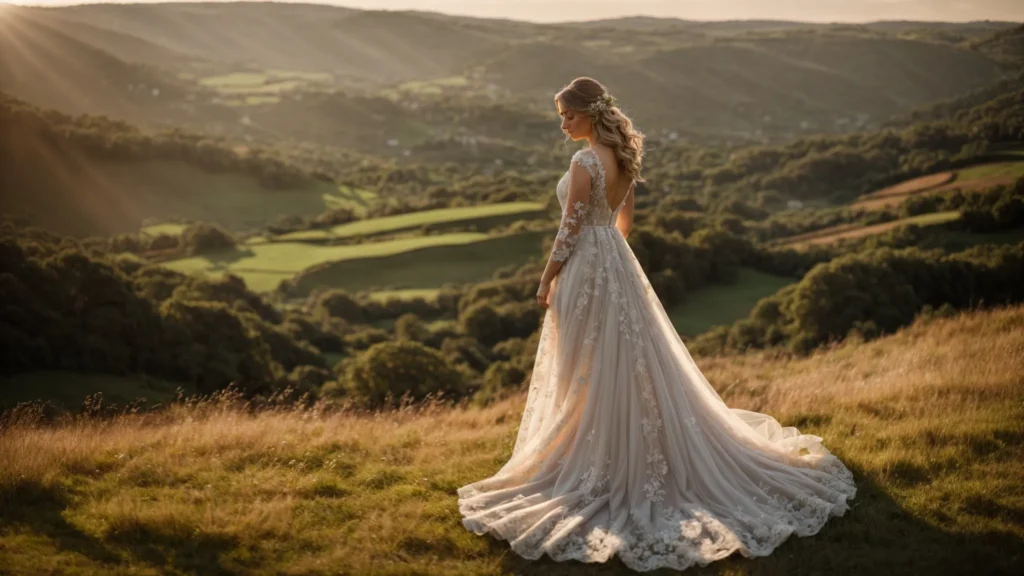 a stunning bridal portrait captures a bride in a flowing, lace wedding gown adorned with delicate floral details, set against a picturesque huddersfield landscape, bathed in soft, golden afternoon light. a Stunning Bridal Portrait Captures a Bride in a Flowing, Lace Wedding Gown Adorned with Delicate Floral Details, Set Against a Picturesque Huddersfield Landscape, Bathed in Soft, Golden Afternoon Light. - Perfect Daze Bridal - Perfect Daze Bridal