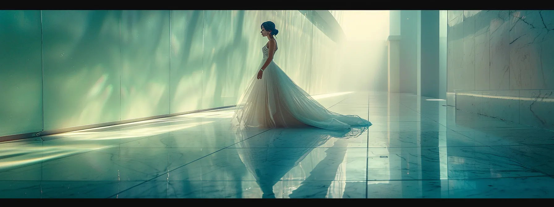 a Stunning Bride in a Futuristic, Holographic Wedding Dress, Reflecting Light in a Modern, Minimalistic Setting. - Perfect Daze Bridal