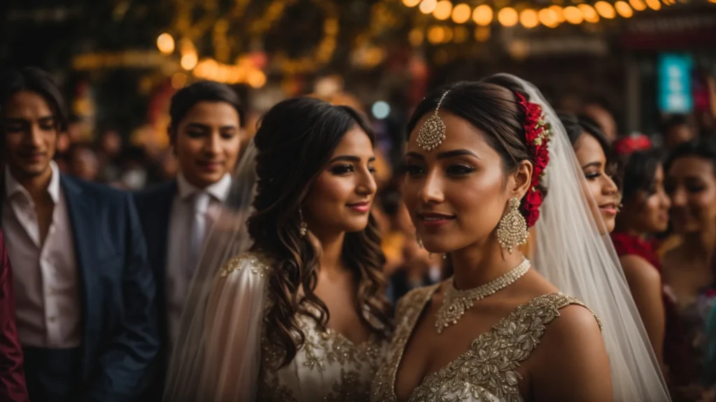 a stylish bride in a contemporary wedding dress stands amidst a vibrant, culturally-inspired celebration in huddersfield, surrounded by elegantly adorned guests enjoying the joyous atmosphere. a Stylish Bride in a Contemporary Wedding Dress Stands Amidst a Vibrant, Culturally-inspired Celebration in Huddersfield, Surrounded by Elegantly Adorned Guests Enjoying the Joyous Atmosphere. - Perfect Daze Bridal - Perfect Daze Bridal