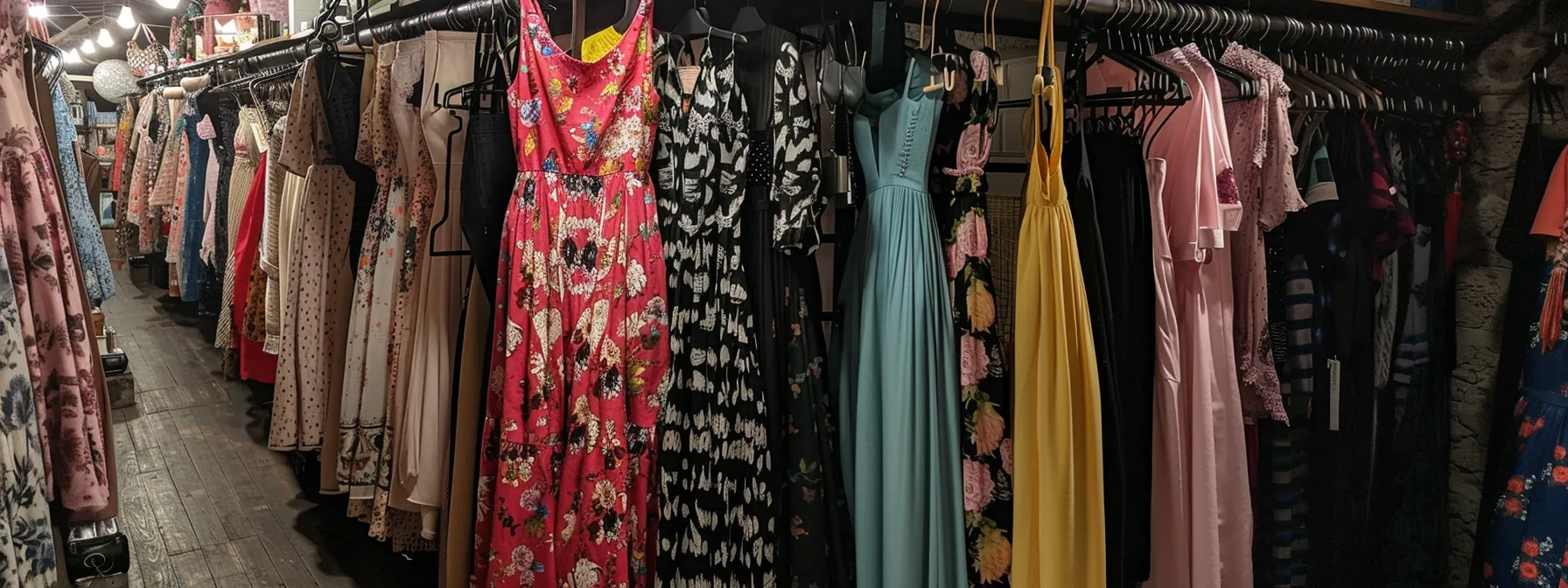 Stylish, Budget-friendly Dresses Hanging Neatly on Racks in a Trendy Boutique Setting. - Perfect Daze Bridal