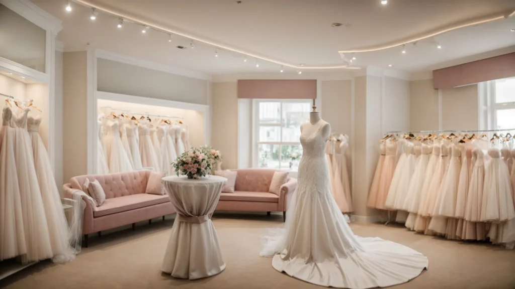 a vibrant bridal boutique in huddersfield, adorned with exquisite wedding dresses and bustling with excited brides and families, capturing the heart of community spirit and celebration in soft, ambient light. a Vibrant Bridal Boutique in Huddersfield, Adorned with Exquisite Wedding Dresses and Bustling with Excited Brides and Families, Capturing the Heart of Community Spirit and Celebration in Soft, Ambient Light. - Perfect Daze Bridal