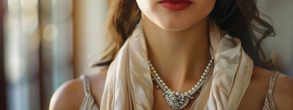 a close-up shot of a woman wearing a simple, yet elegant dress accessorized with statement jewelry, stylish belt, chic scarf, and matching hairstyle for a polished and refined look. a Close-up Shot of a Woman Wearing a Simple, Yet Elegant Dress Accessorized with Statement Jewelry, Stylish Belt, Chic Scarf, and Matching Hairstyle for a Polished and Refined Look. - Perfect Daze Bridal - Perfect Daze Bridal