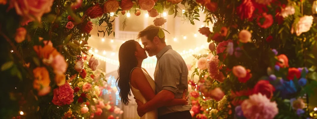 a couple sharing a tender embrace under a vibrant floral arch, surrounded by the warm glow of twinkling lights and the joyful cheers of loved ones. a Couple Sharing a Tender Embrace Under a Vibrant Floral Arch, Surrounded by the Warm Glow of Twinkling Lights and the Joyful Cheers of Loved Ones. - Perfect Daze Bridal - Perfect Daze Bridal