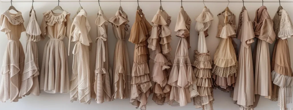 a rack filled with chic, affordable work dresses in neutral tones and timeless styles, accompanied by elegant accessories for a versatile professional wardrobe. a Rack Filled with Chic, Affordable Work Dresses in Neutral Tones and Timeless Styles, Accompanied by Elegant Accessories for a Versatile Professional Wardrobe. - Perfect Daze Bridal - Perfect Daze Bridal
