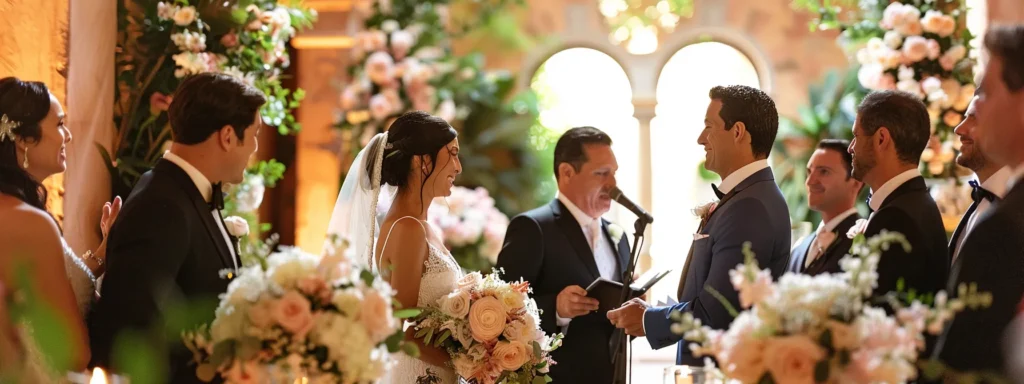 a radiant bride and groom exchanging vows in an elegantly decorated venue, surrounded by beaming guests and stunning floral arrangements, capturing the essence of joy and affordable elegance in their perfect daze wedding tale. a Radiant Bride and Groom Exchanging Vows in an Elegantly Decorated Venue, Surrounded by Beaming Guests and Stunning Floral Arrangements, Capturing the Essence of Joy and Affordable Elegance in Their Perfect Daze Wedding Tale. - Perfect Daze Bridal - Perfect Daze Bridal